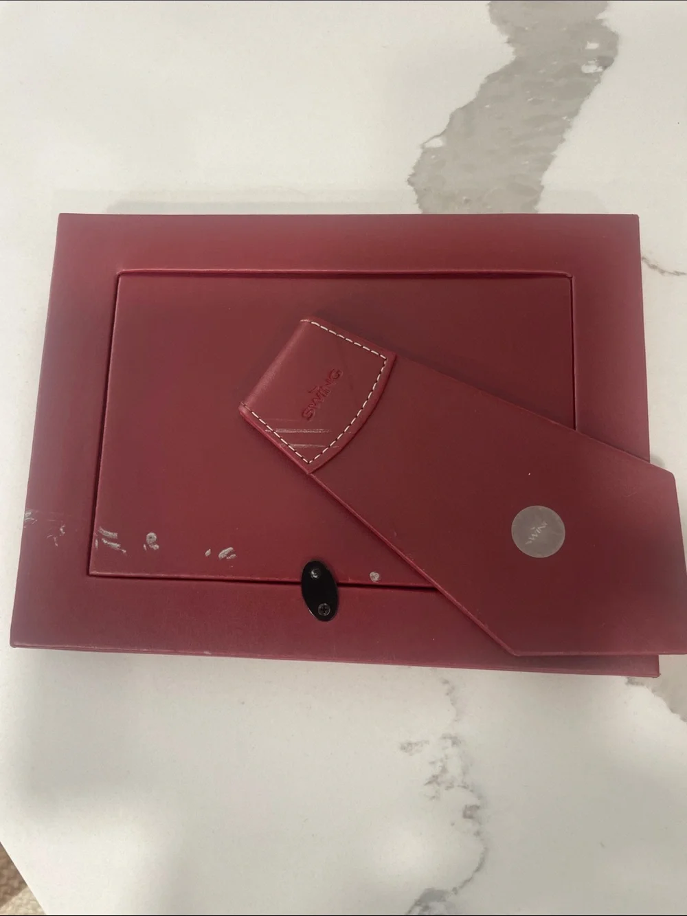 Classic Red Leather Photo Frame with White Stitching